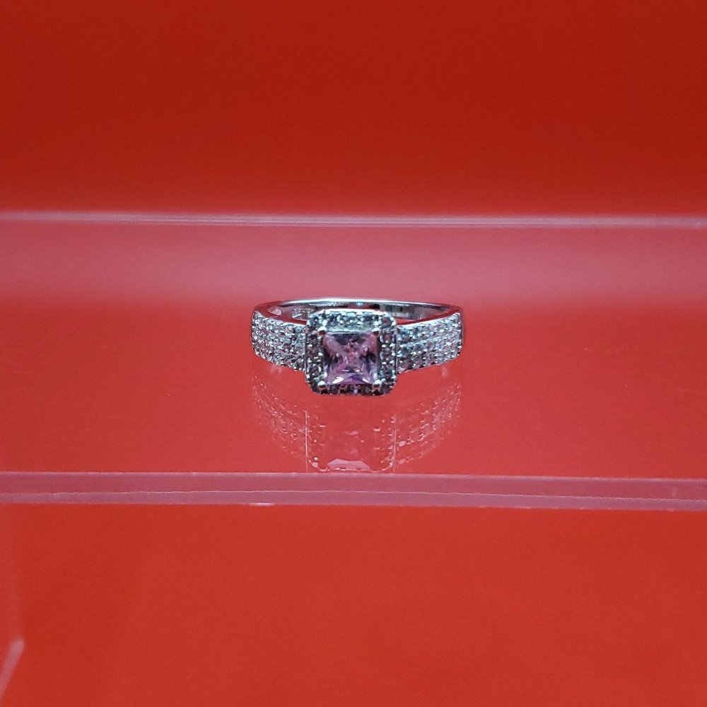 Size 9 925 Sterling Silver Cute Pink Cubic Zirconia Square Gem Ring